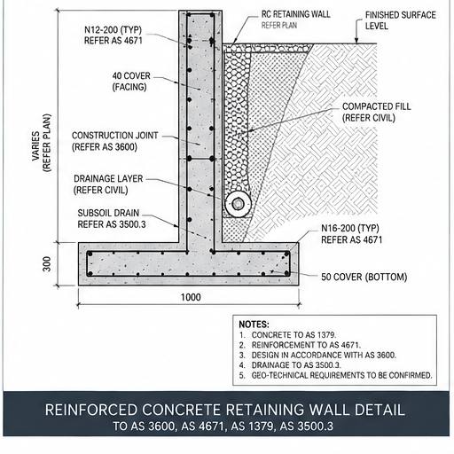 Civil structure model and reinforced concrete retaining wall detail